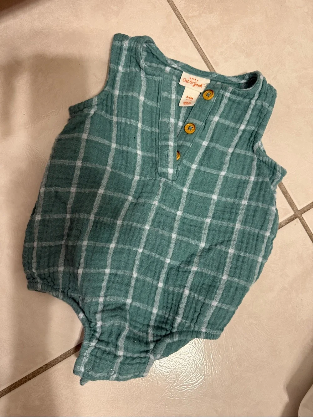 Cat & Jack Teal Green Plaid Baby Romper with Wooden Buttons